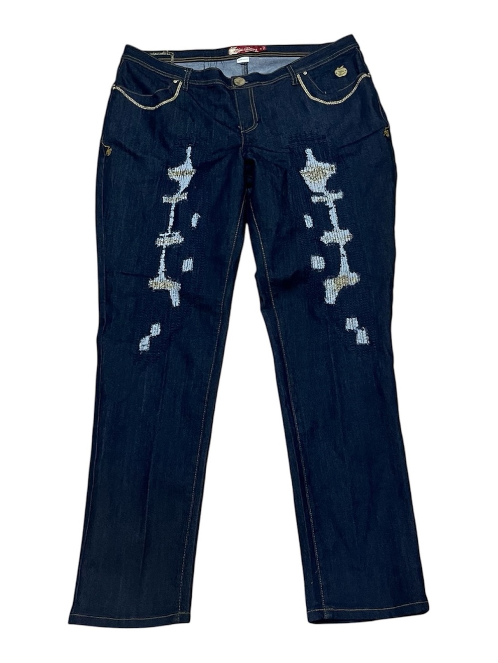 Apple Bottom Jeans Dark Wash Denim Distressed Y2K High Rise Size 18 Straight Leg